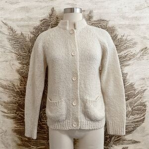 Vintage Le Roy Boucle Fuzzy Off White Sweater Medium Sm Button Cardigan